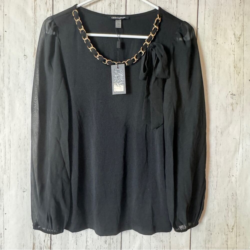 Cable & Gauge  Black Sheer Long Sleeve Gold Bow Detail Neckline Sz XS NWT